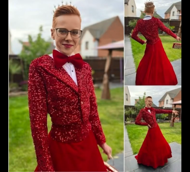 This 16-year-old rocked prom with a stunning red skirt and a dazzling tuxedo top